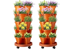 Umigy 2 Set 5 Tier Stackable Planters Vertical Garden Planters for Strawberry Herb Flower and Vegetable Indoor Outdoor Gardening Pots with Removable Wheels and Bottom(Terracotta)