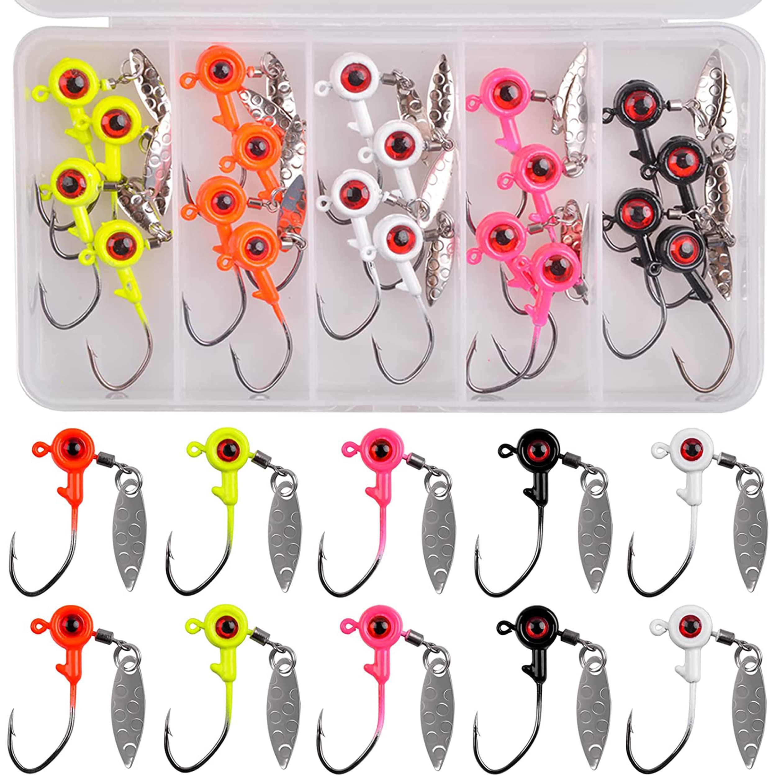 Fishing Jig Heads Crappie Fishing Lures Jig Heads Kit 20Pcs Fishing Lures Jigs with 3D Eye Ball Barb Under Spinner Colorful Jig Head Hooks for Bass Trout Walleye Saltwater Freshwater Fishing(5g-20pcs)