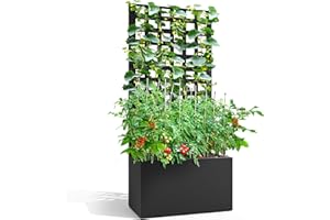 FENCY Metal Planter Box with Trellis, Planter Trellis for Climbing Plants Vegetable Vines, Trellis with Planter Box & Privacy Screen, Raised Garden Bed with Drainage Holes (23.6" L x 63" H/Lattice)