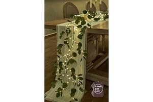 Hairui Lighted Artificial Eucalyptus Garland 6FT 96 LED Battery Operated Faux Vine Lights with Timer for Spring Wedding Backdrop Arch Wall Decor