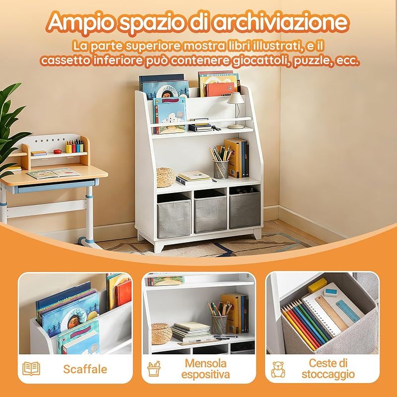 Libreria Bambini 3 Scatole Portata fino a 50kg 63x28x80cm