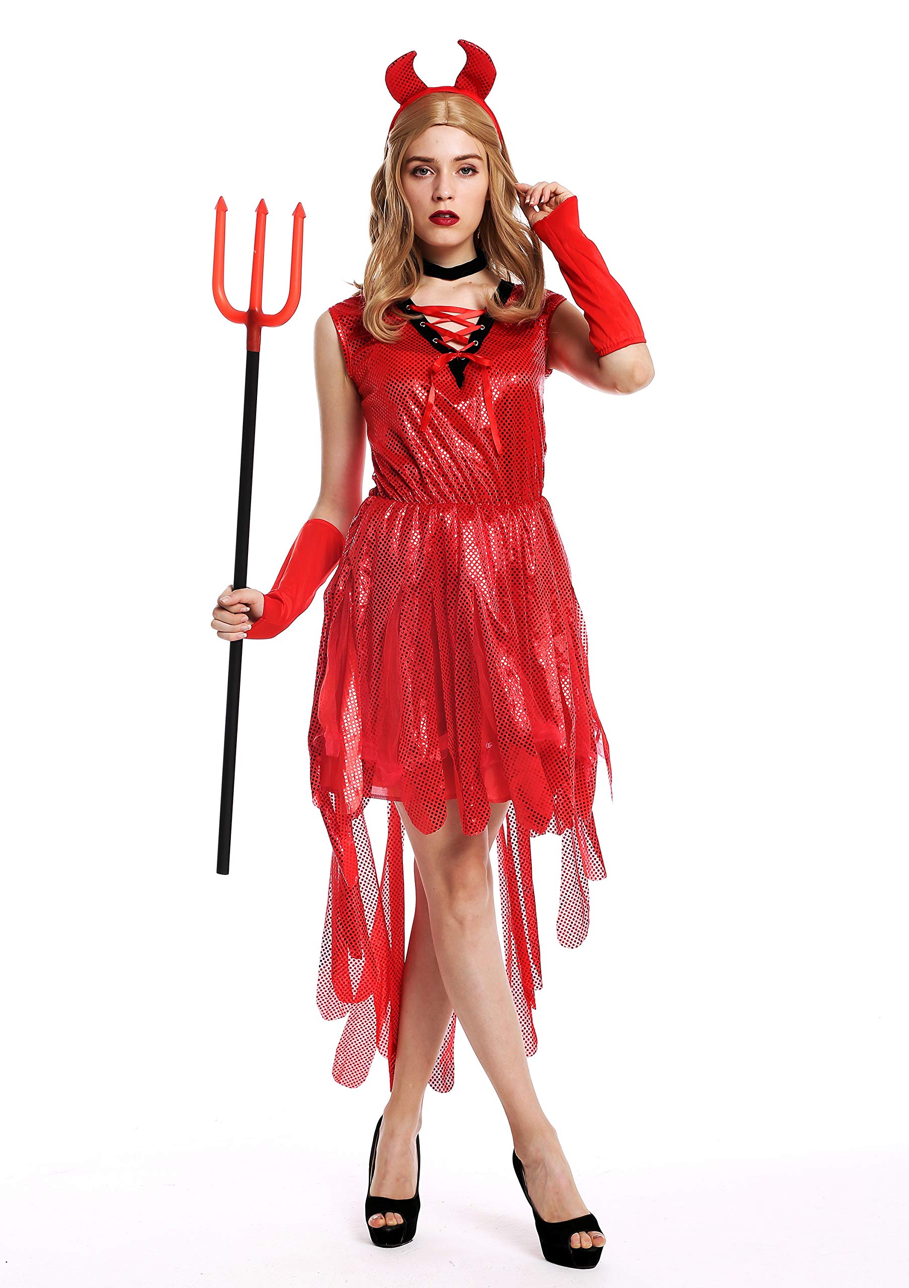 dressmeup - W-0283 Lady Woman Costume Fancy Dress Halloween She-Devil Demoness Evil Witch Horns red Size M