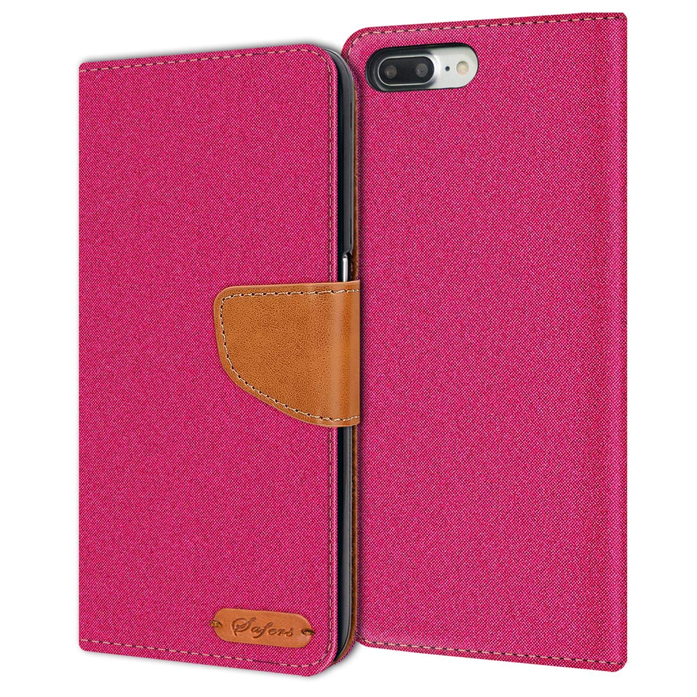 Verco Phone Wallet Case compatible with the iPhone 8 Plus, Canvas Faux Leather Book Cover for the Apple iPhone 7 Plus Flip Case Bag Hinged - Pink