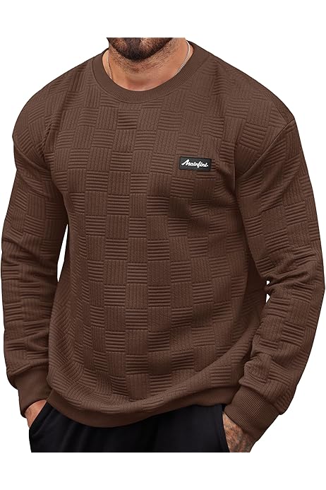 VOGSTART Mens Sweatshirt Crewneck Quilted Long Sleeve Solid Color 