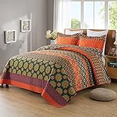 Travan Boho Stripe Quilt Sets Floral Printed Reversible Soft Bohemian Bedding Set with Shams for All Season, Orange Red Stripe, Queen Size