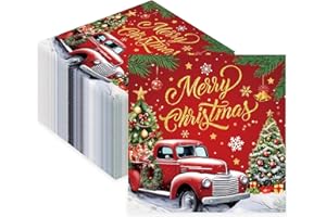 50Pcs Merry Christmas Paper Napkins Xmas Tree Red Car Disposable Dinner Napkin 13 x 13 Inches Luncheon Napkin for Holiday Win
