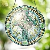 FLAGWIX St Patricks Day Decorations - Stained Glass Hanging Suncatcher 8 in - Birthday Irish Decorations, Irish Gifts for Women Men, Celtic Cross Home Decor