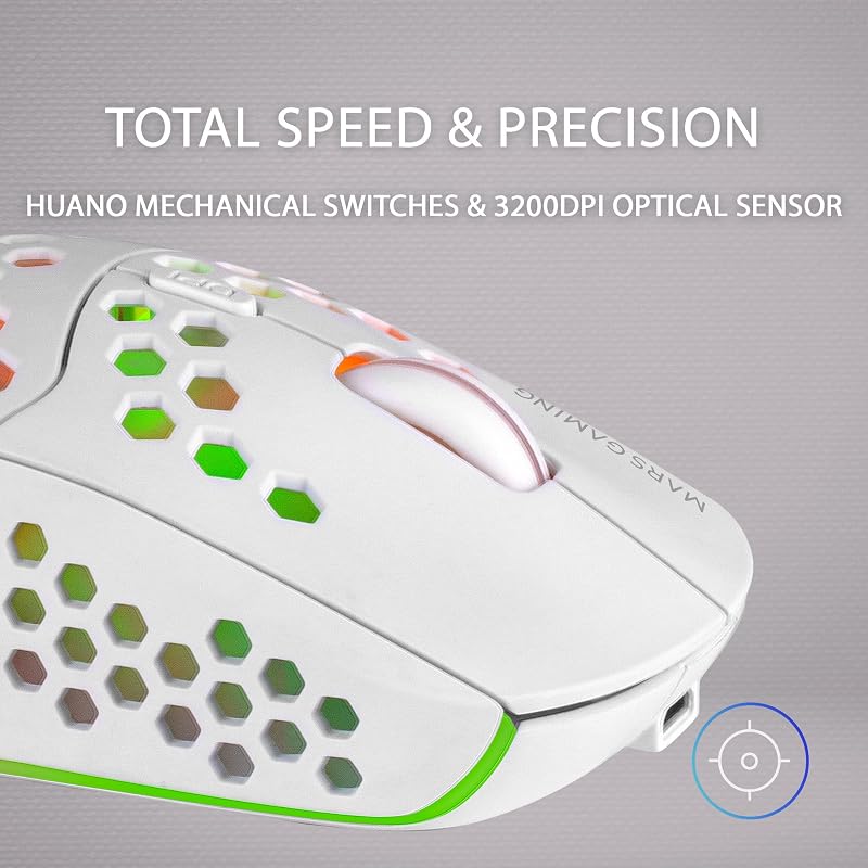 MMW3, Ratón Gaming Inalámbrico Ultraligero Hive, RGB Flow, Sensor 3200 dpi, Switches Mecánicos HUANO, Batería Recargable, 2.4G USB, Blanco