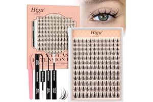 Higu clace Cluster Lashes Kit,144Pcs Manga Lashes Cluster 10-18 mm, C Curl Natural Wispy Eyelash Extension Kit with Spikes wi