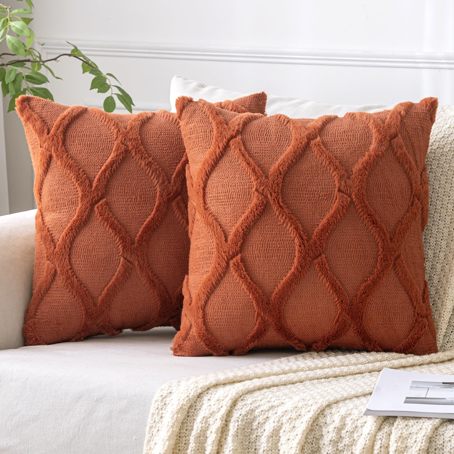 Photo 1 of MIULEE Decorative Throw Pillow Covers Rust 20x20 Inch Set of 2, Soft Plush Faux Wool Couch Cushion Covers Farmhouse Throw Pillows for Couch Bed Sofa Living Room