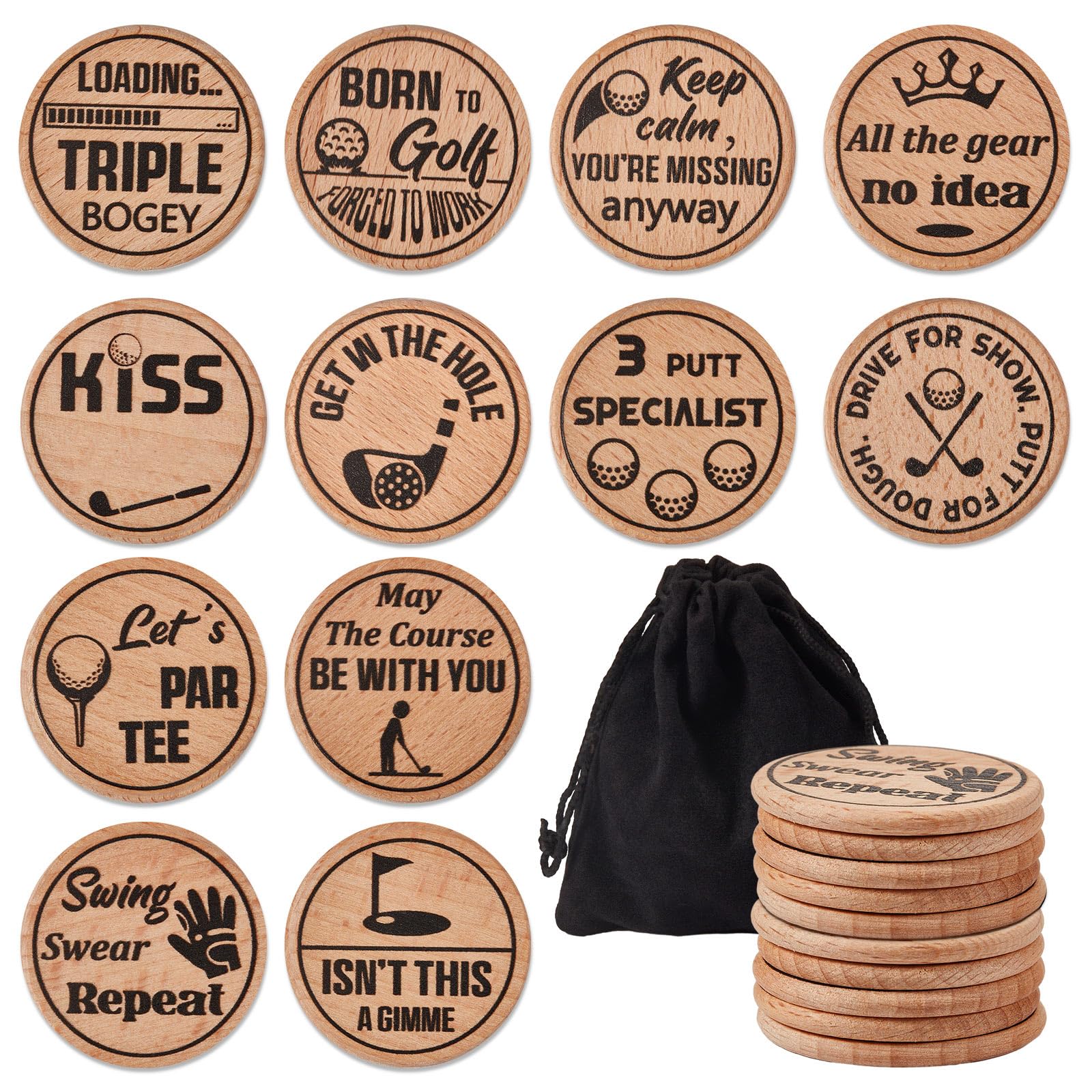 Namalu 12 Pcs Funny Golf Ball Markers Wooden Engraved Golf Markers for The Putting Green Wood Tags Novelty Gift for a Bad Putter Joke Accessories for Men on Father's Day, Tournament Prize (Classic)