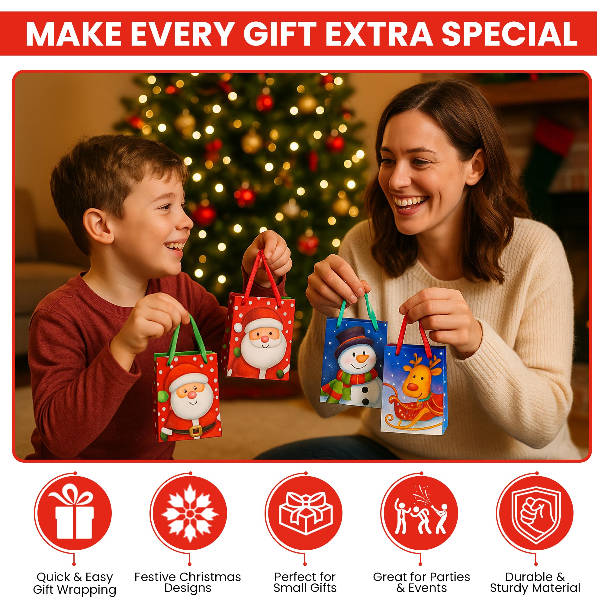 Iconikal 20-Pack Christmas Gift Bags, Small 4x6x2.5-Inch, Snowman Santa Reindeer, Ribbon Handles