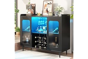 iSunirm Bar Cabinet with LED Light and Glass Holder, Home Coffee Bar Cabinet, Buffet Sideboard with Storage Shelf for Kitchen, Dining Room, Black