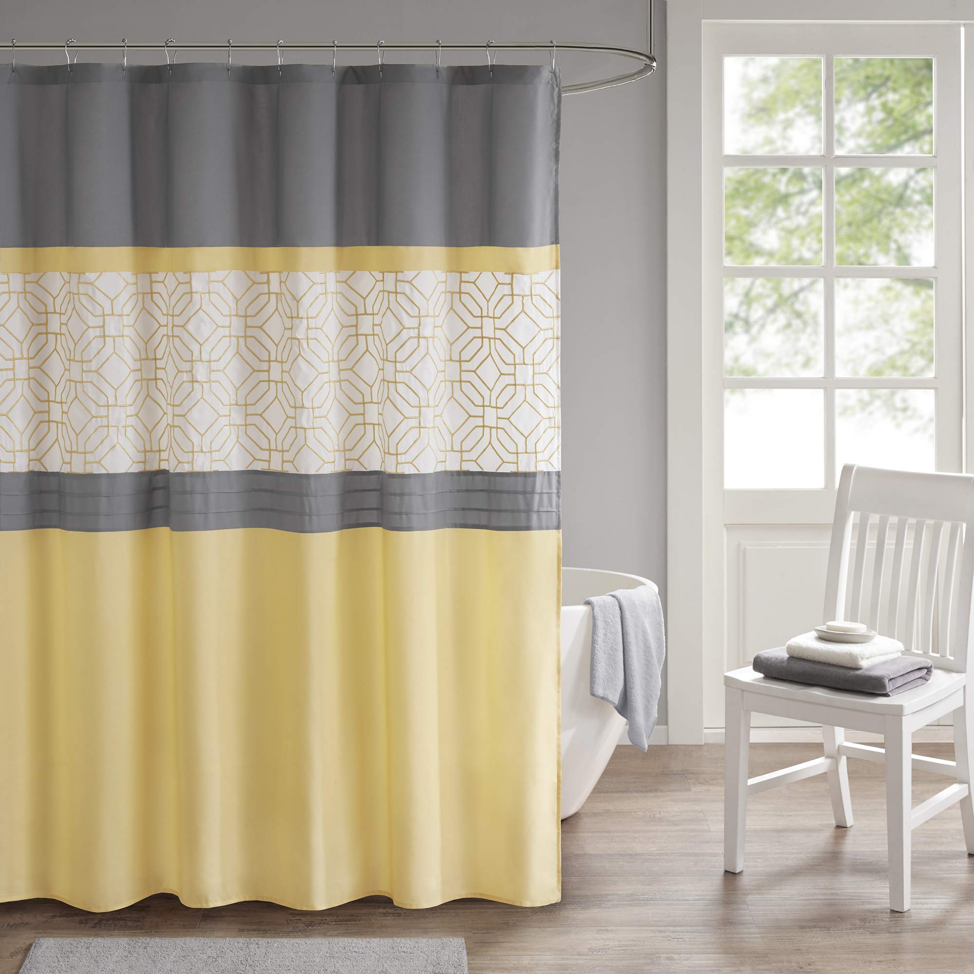 510 DESIGN Shower Curtain, Geometric Textured Embroidery Design with Built-in Liner, Modern Mid-Century Bathroom Decor, Machine Washable, Fabric Privacy Screen, 72x72,Donnell, Yellow/Grey — image 1