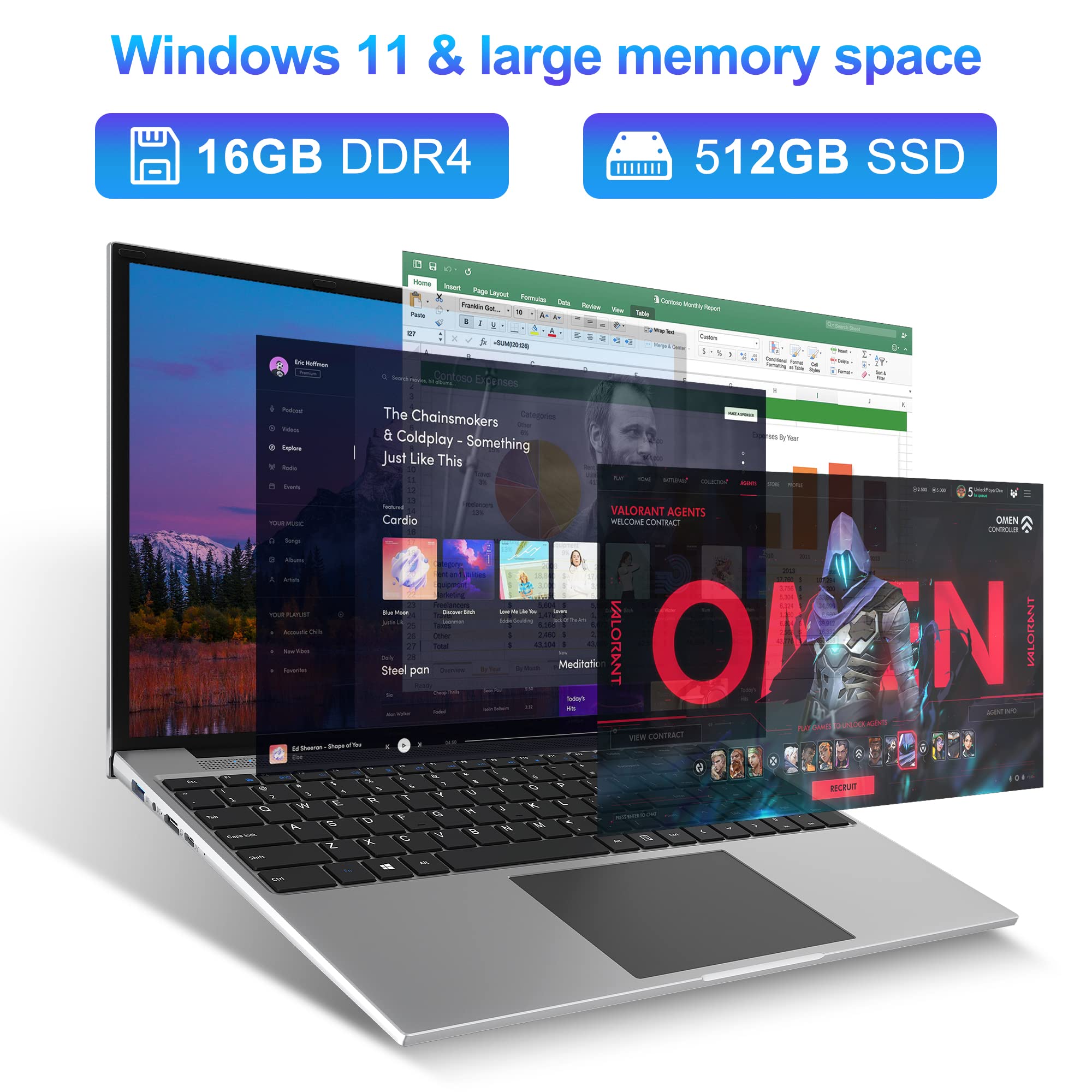 jumper 16 Inch Laptop, 16GB RAM 512GB SSD, Quad-Core Intel Celeron N5095, FHD IPS 1920x1200 Screen, Laptops Computer with Four Stereo Speakers, Cooling System, 38WH Battery, Numeric Keypad.
