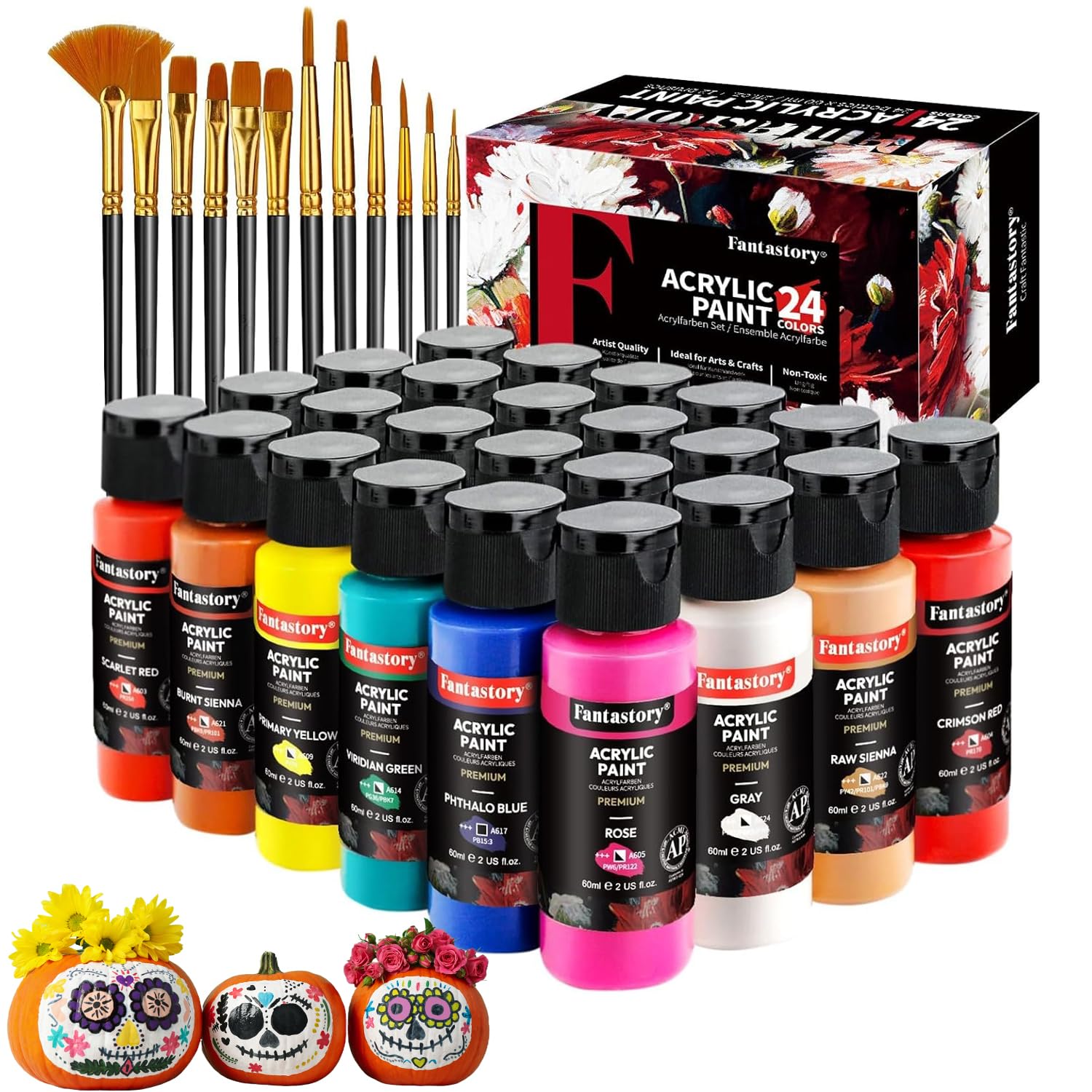 fantastory Acrylic Paint Set 24 Colors (2 oz / 60ml Each), Non Toxic, Non Fading, Waterproof, Acrylic Paint Kit for Artwork & DIY Projects on Canvas, Wood, Glass, Clay, Ceramic [Professional Series]