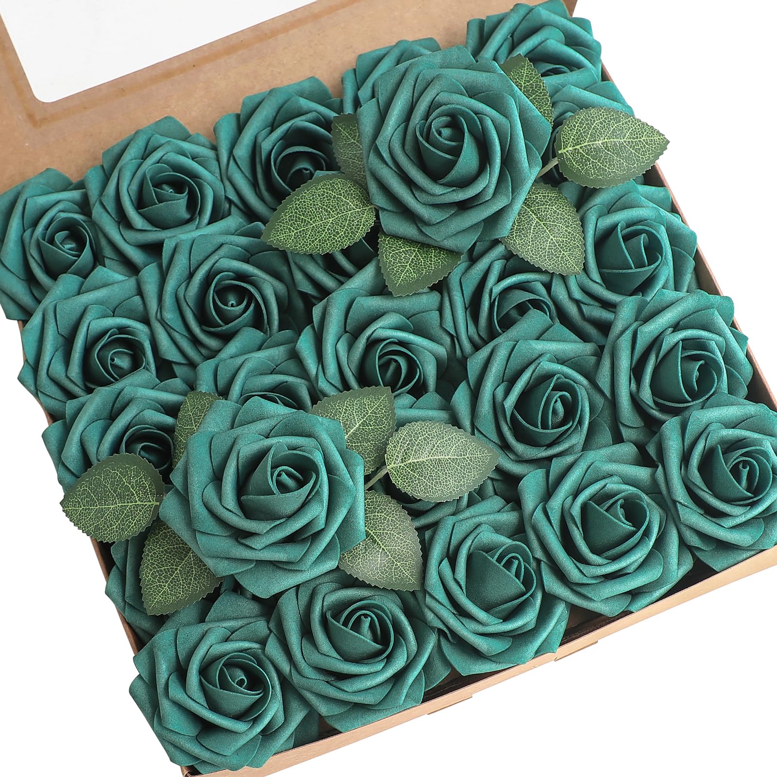 Photo 1 of Floroom Artificial Flowers 25pcs Real Looking Dark Teal Foam Fake Roses with Stems for DIY Wedding Bouquets Bridal Shower Centerpieces Floral Arrangements Party Tables Home Decorations