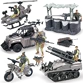 MISTBUY Army Men Toys Playset for Boys, 5 Soldier Action Figures with Miliatry Vehicles, Trucks, Helicopter, Motorcycle, Tent and Base Camp Accessories for Kids' Pretend Play
