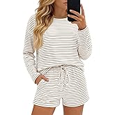 Baggyfly Women's Striped 2 Piece Lounge Set Long Sleeve Cotton Pajamas Tops Crewneck Shirt Drawstring Shorts with Pockets