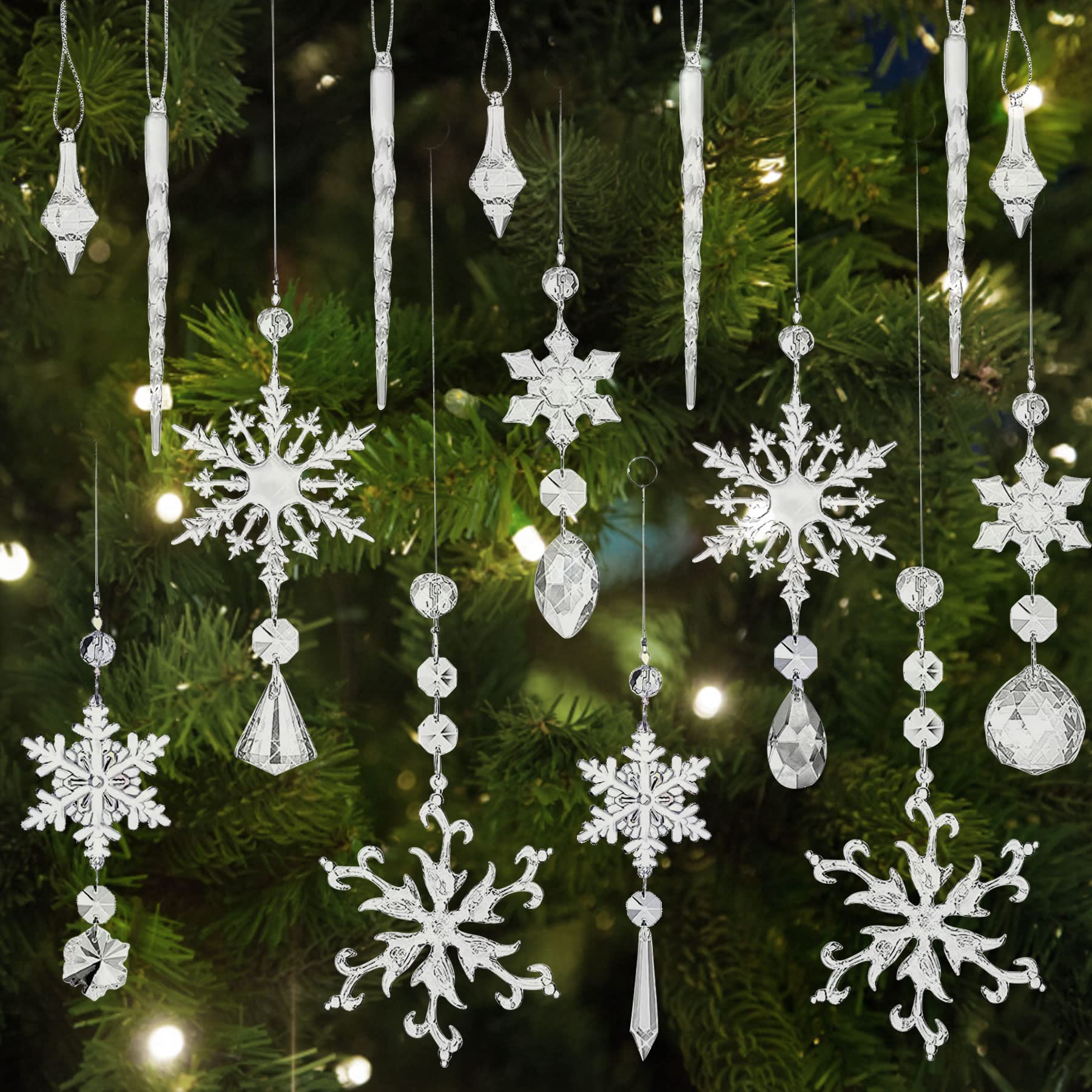 YeahBoom Pack of 16 Acrylic Icicle Snowflake Ice Drop Pendants, Christmas Tree Crystal Decorations, Crystal Snowflake for Christmas Tree Party