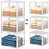 3 Pack Stackable Closet Organizers and Storage Basket, Closet Shelves with Wood Top Extra Storage, Multifunctional Clothes Organizer Bins/Cube Storage Drawer for Wardrobe Kitchen Laundry Room, White