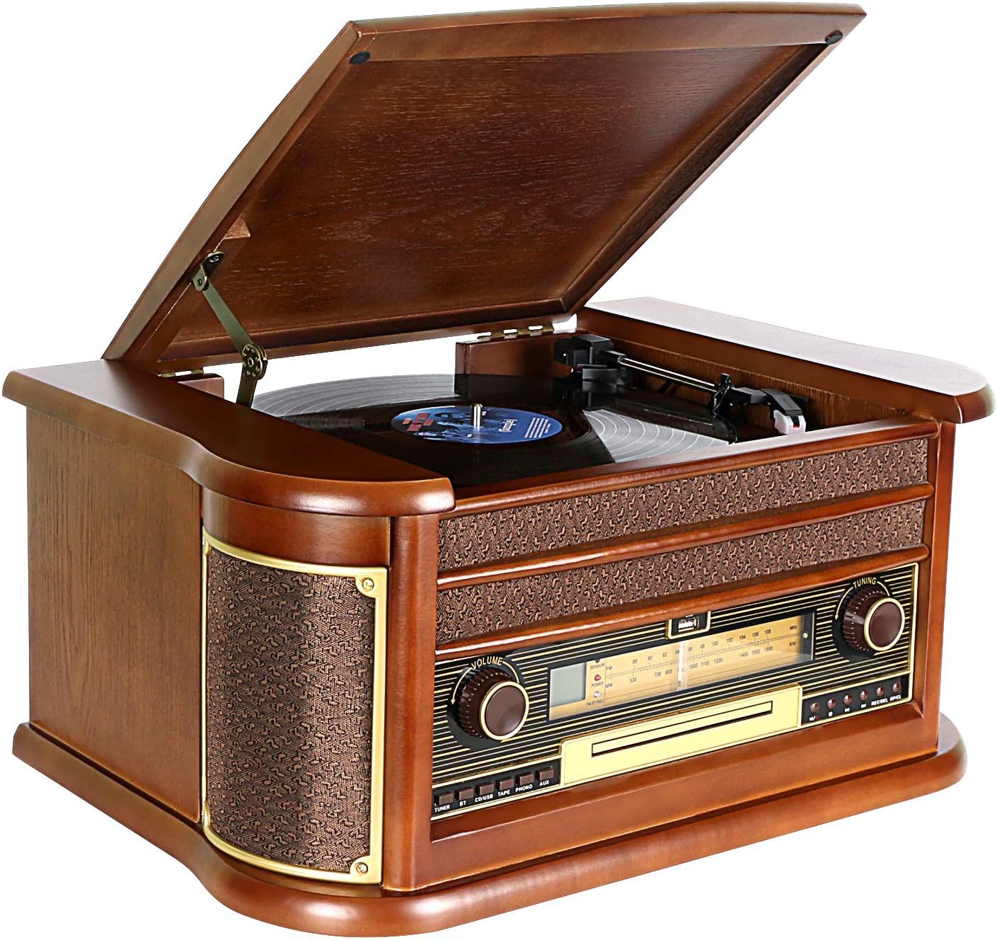 DLITIME Record Player with AM&FM Radio/USB/RCA/AUX/Remote Control/CD/Cassette Player/Bluetooth Vinyl Turntable