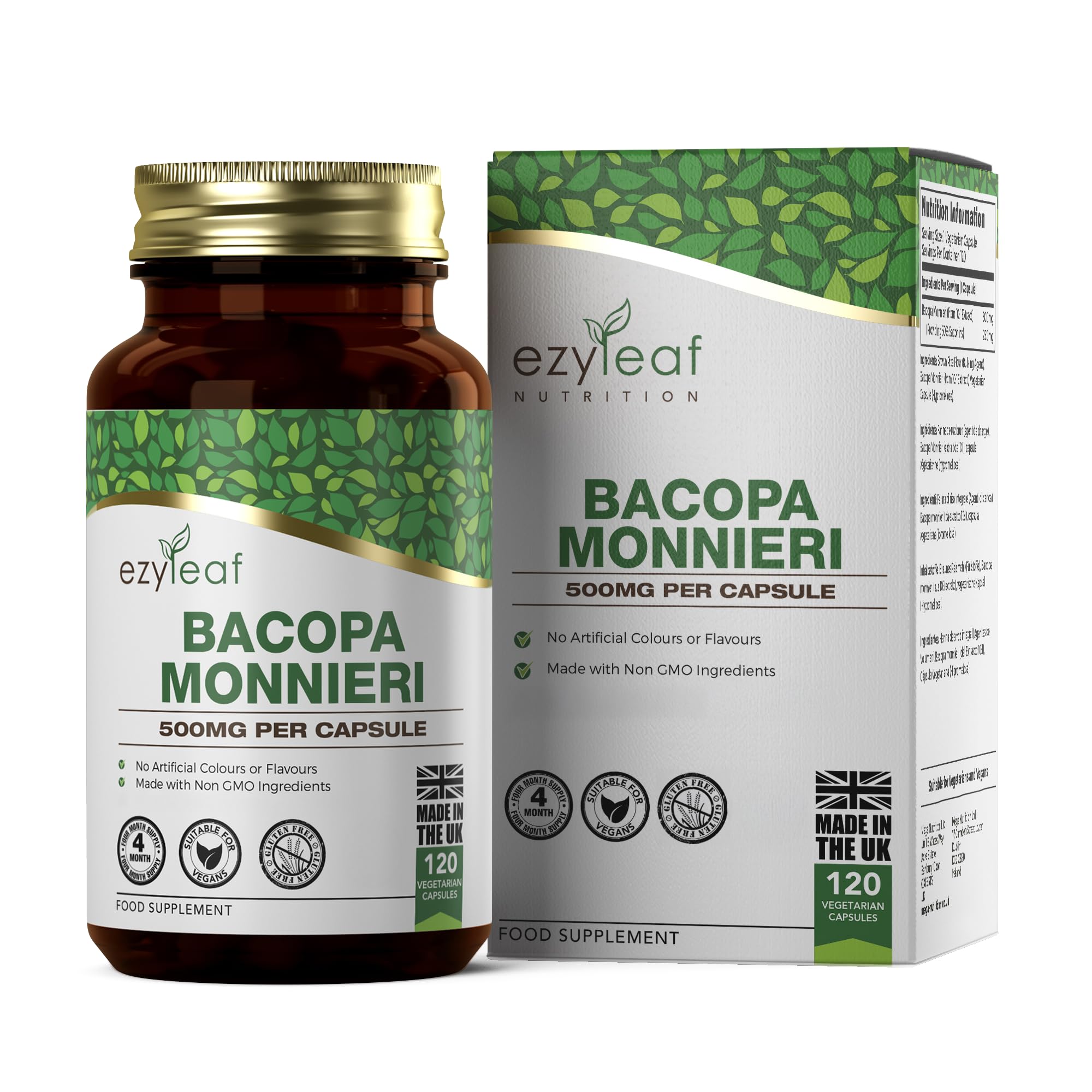 Ezyleaf Bacopa Monnieri 500mg High Strength Bacopa 120 Capsules | Bacopa-Extract Ayurvedic Brahmi Powder Capsules | Vegan, Non-GMO Allergen & Gluten Free | Made in UK