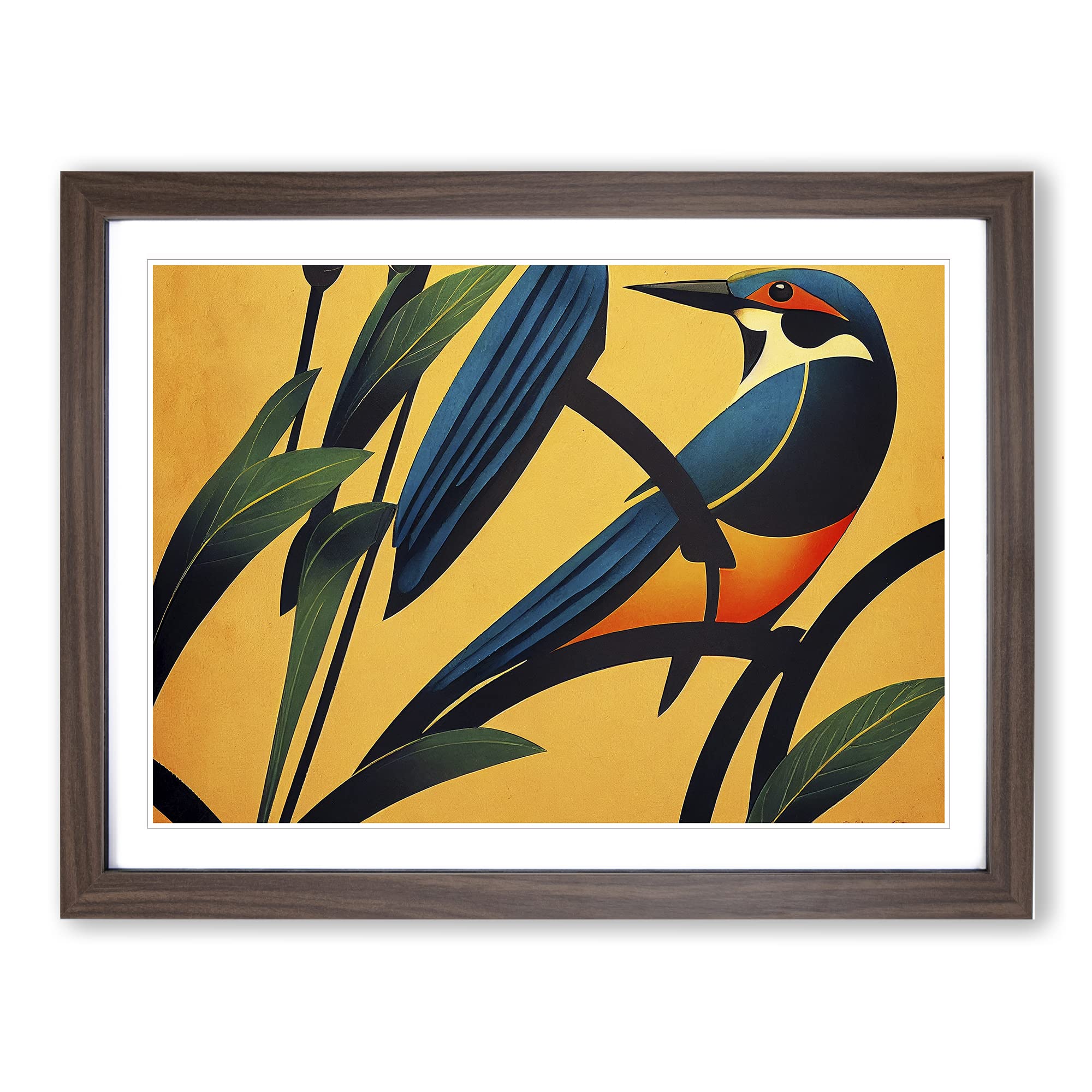 Art Deco Kingfisher Framed Print | A4 Walnut Framed Wall Art | Ready to Hang | Art Deco Nature Picture | Living Room Bedroom Lounge Office