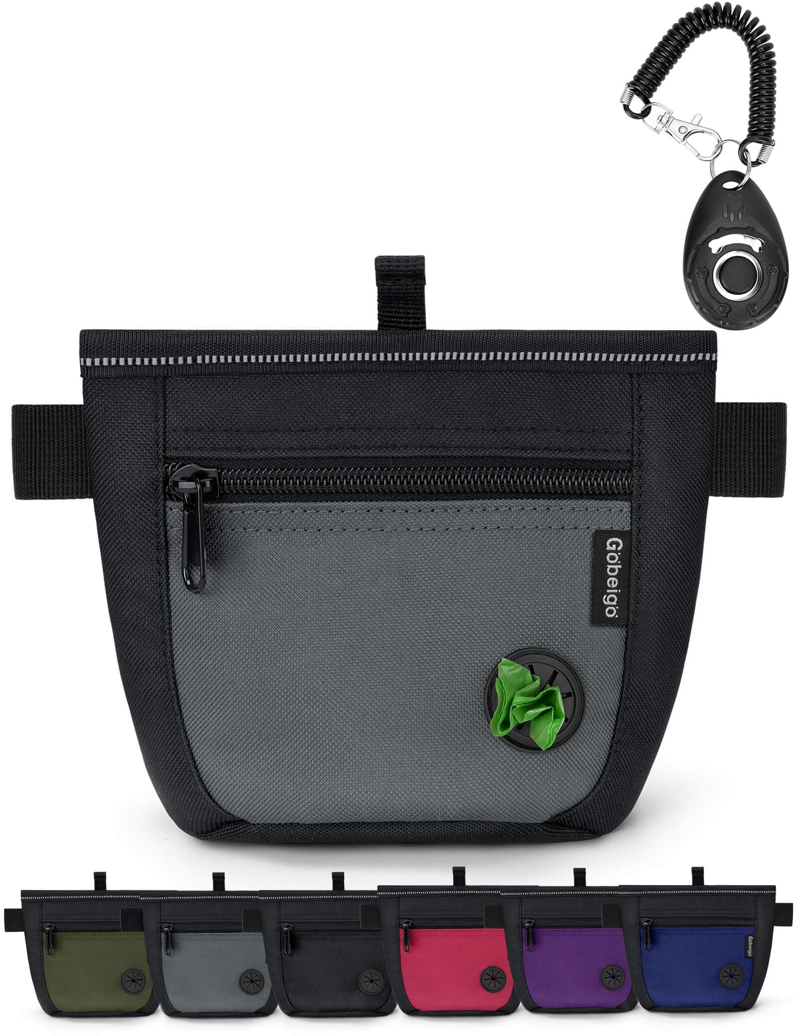 Gobeigo Dog Treat Pouch and Training Clicker, Upgrade Two Magnetic Closure to Prevent Spills, 2 Cup Treat Bag with Poop Bag Dispenser, Metal Clip Waist Belt Fanny Pack for Pet Walking (Black/Gray)