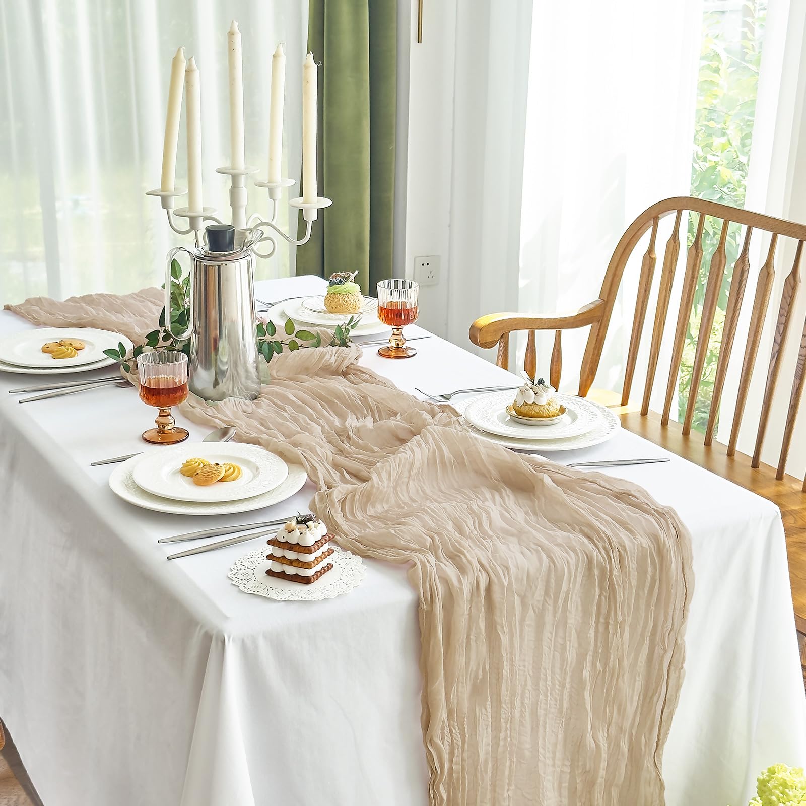 Photo 1 of IVAPUPU 1 Pcs Cheesecloth Table Runner - 10ft Nude Boho Gauze Cheese Cloth Table Runners for Baby Shower Decoration Wedding Party Summer Garden Farmhouse