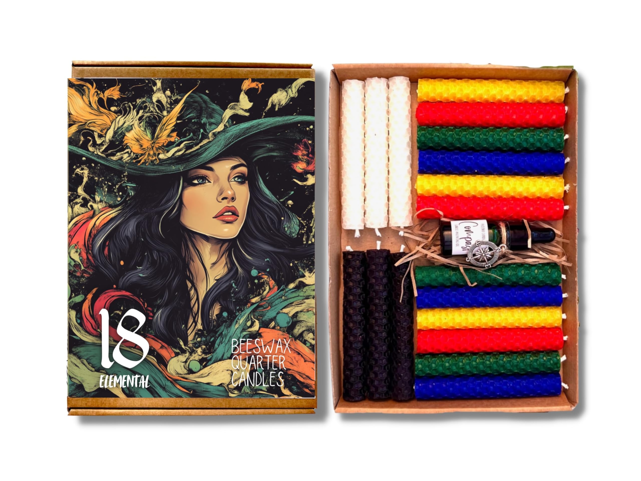 Phoenix Candle Company - Beeswax Elemental Quarter Candles Set with Compass Anointing Oil - 18 Count - Hand-Rolled - Assorted Colours