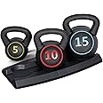 JungleA 3-Piece Kettlebell Set with Rack for Men Women Workout, 5/10/15 lbs Wide Grip Strength Training Kettlebell Set for Home Gym, Exercise Fitness Weight Kettle-bell Sets,Christmas Gifts for Family