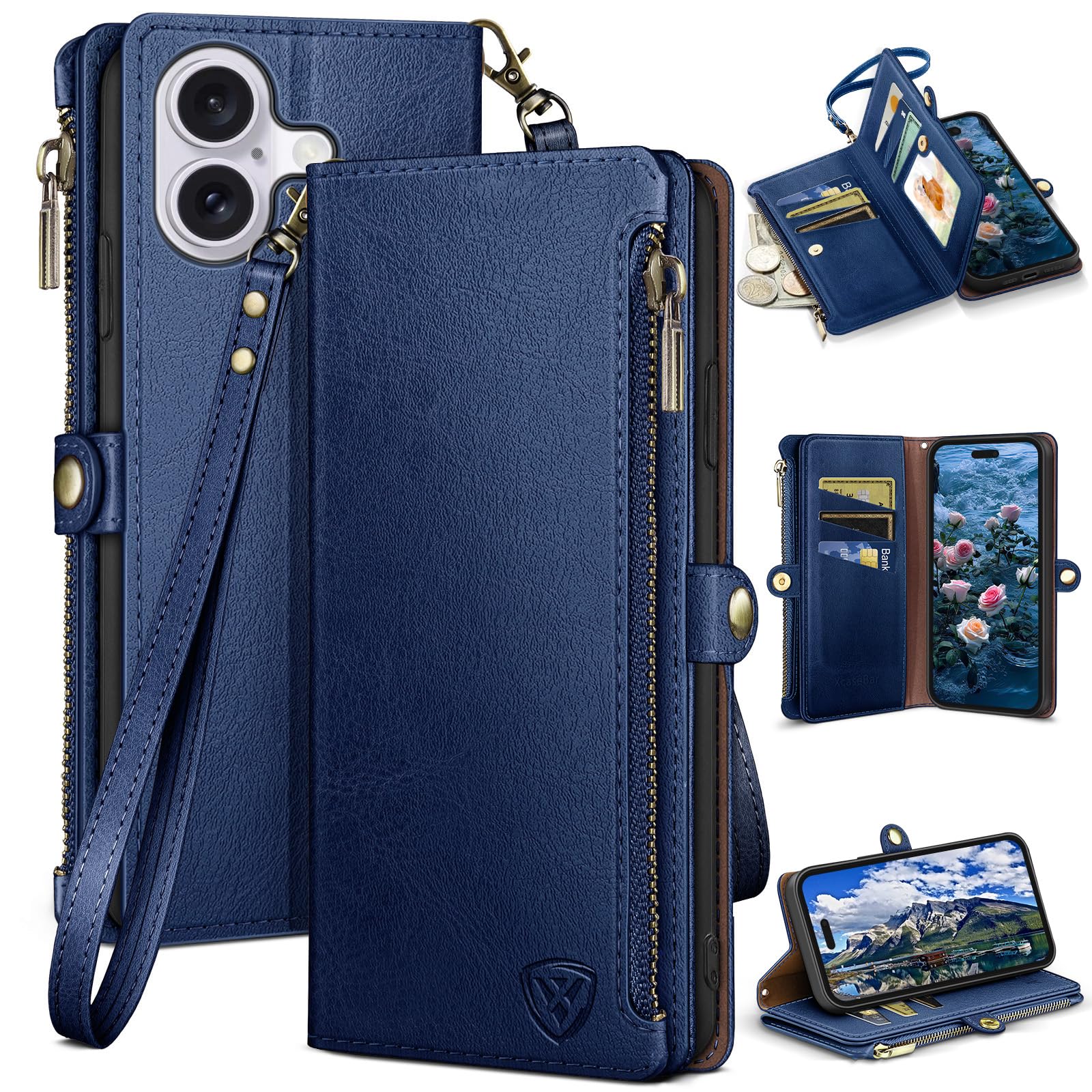 Photo 1 of XcaseBar Compatible with iPhone 16 6.1" Wallet case with Zipper Credit Card Holder?RFID Blocking?,Flip Folio Book PU Leather Phone case Shockproof Cover Women Men for Apple 16 case Blue
