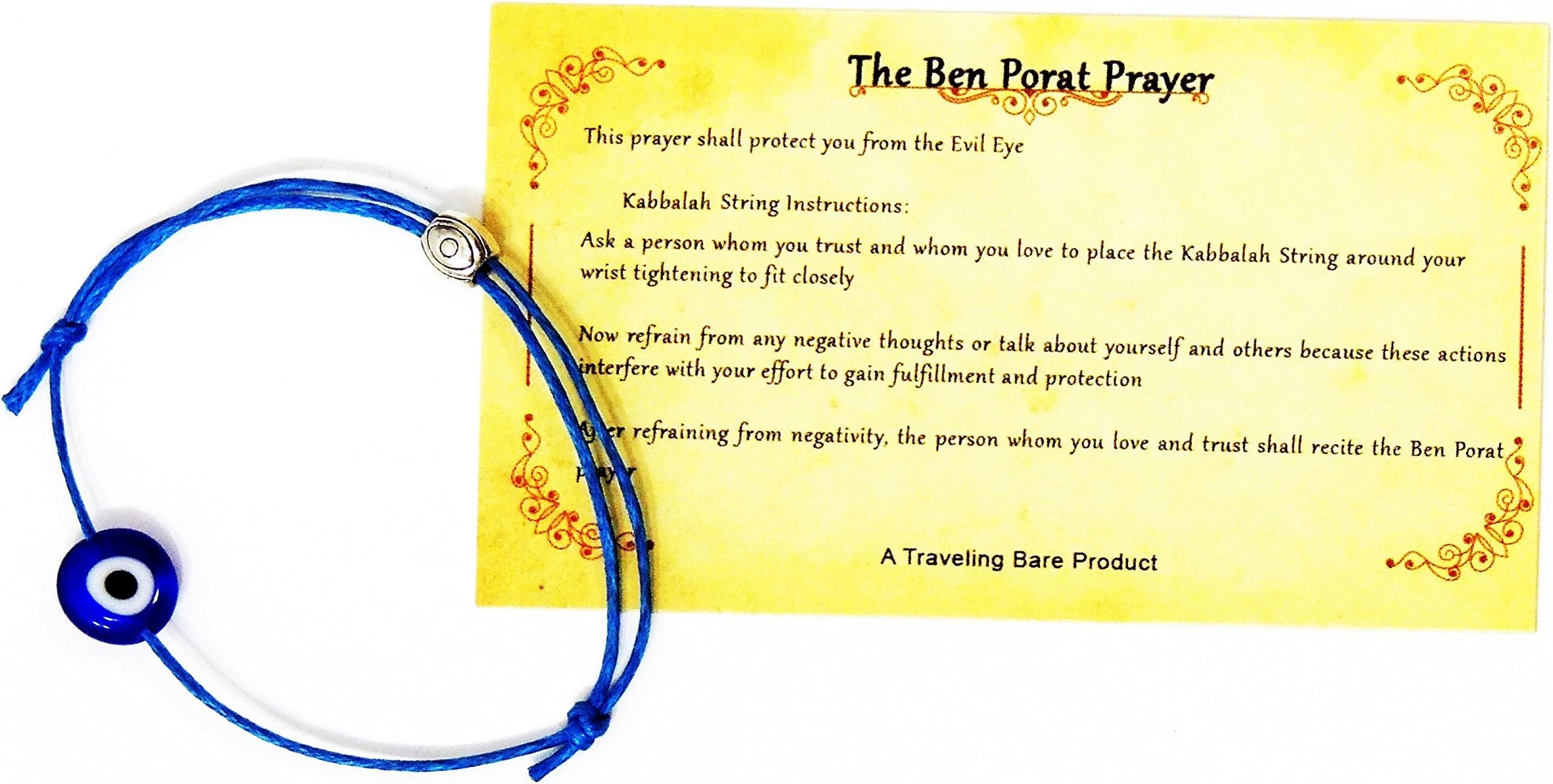 Traveling Bare Evil Eye Kabbalah String Bracelet and Prayer Card