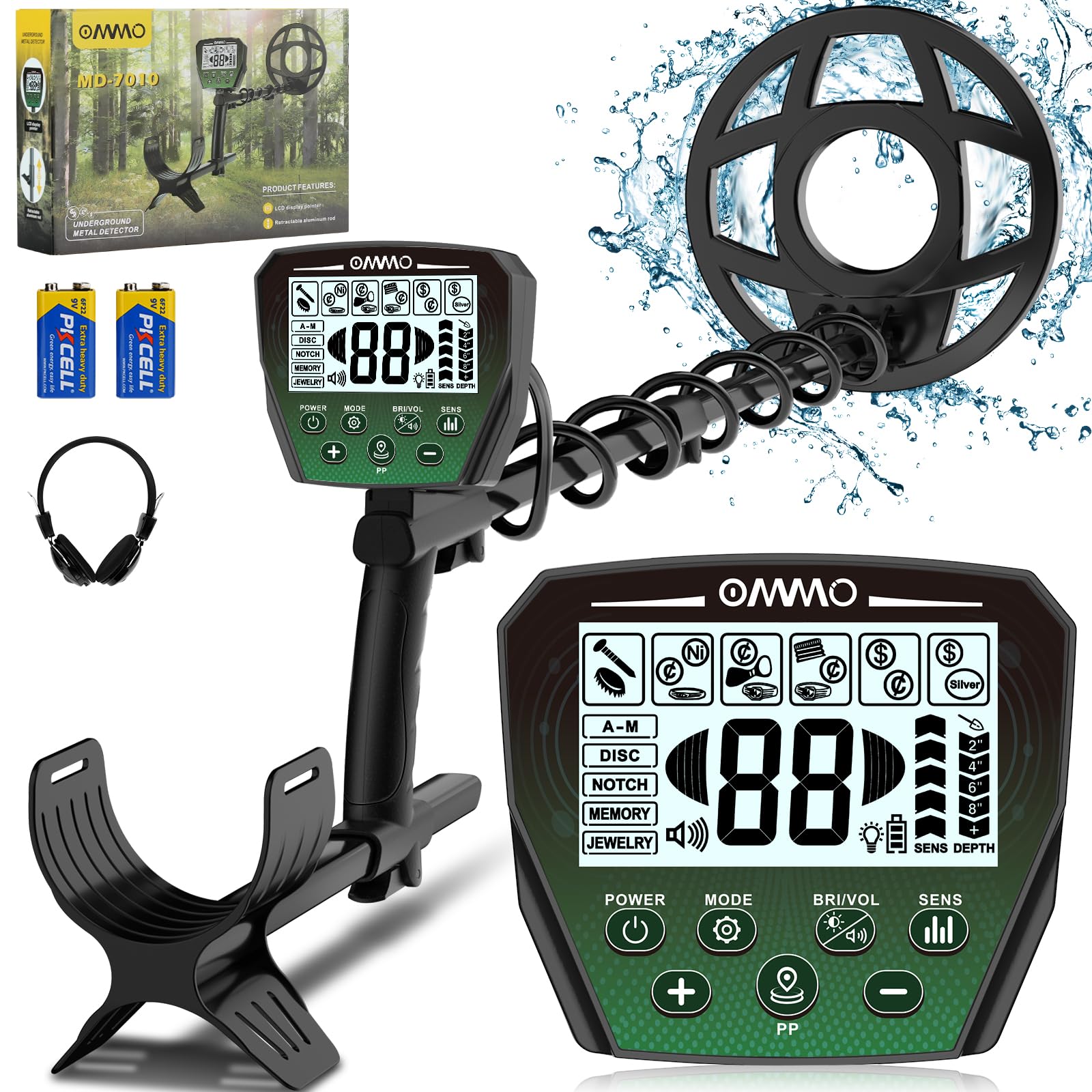 OMMO Metal Detectors For Adults Professional, Pinpointer Metal Detector with 6 Modes, High Accuracy Gold Detector, Adjustable Length 70-125cm, Backlit LCD Display, IP68 Waterproof Coil