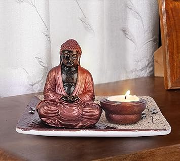 TIED RIBBONS Buddha T Light Holder with Tray Set with T Light Candle | tealight Holder Set | Anniversary Birthday Party Decorations Props