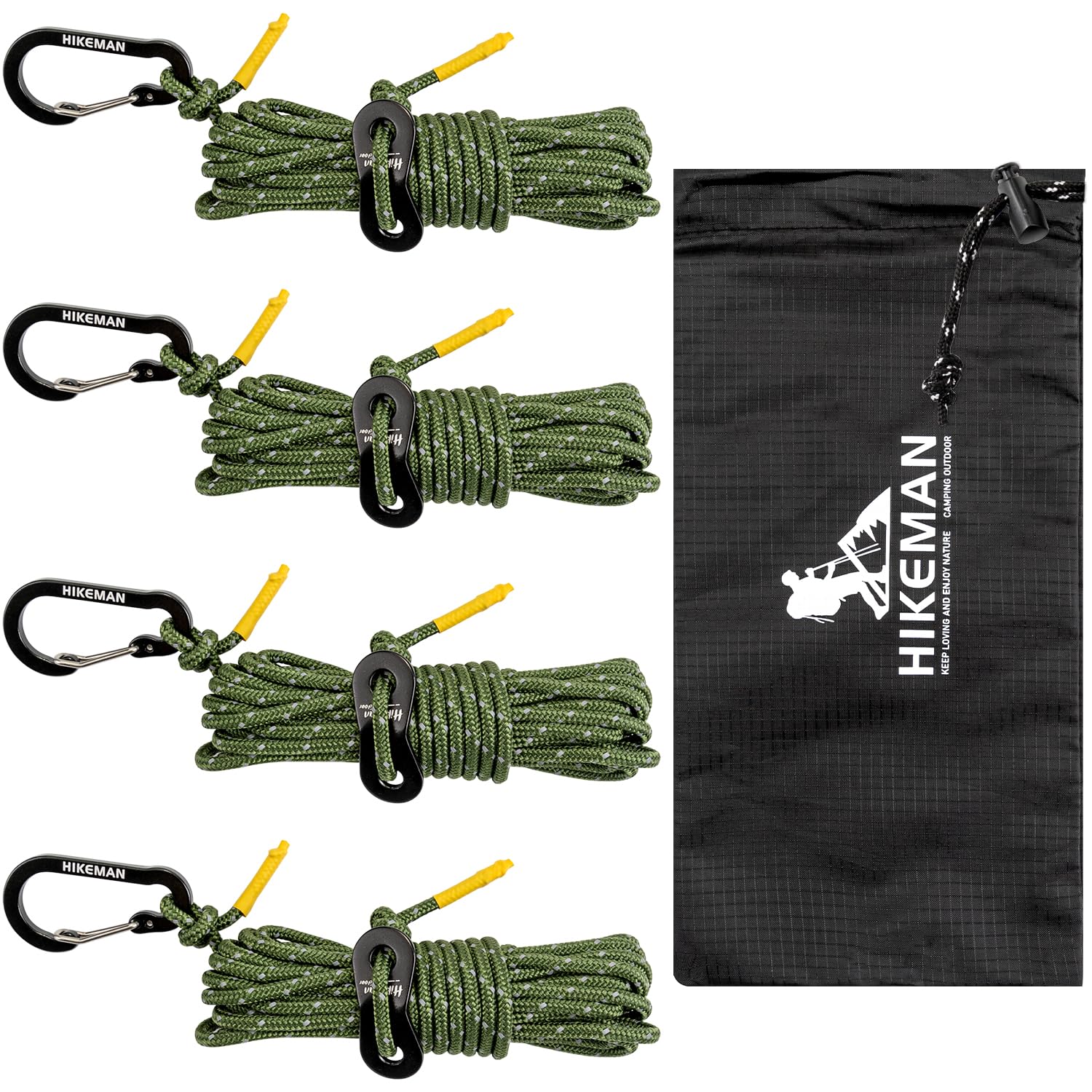 HIKEMAN Reflective Tent Guy Ropes - 4M Camping Guide Ropes,3mm Tent Guide Lines Cord with Aluminum Tensioners Adjuster for Outdoor Camping Hiking Caravan Awning Tents (Army Green, 3mm)