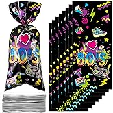 100 Pieces 1980s Party Treat Bags 80s Candy favors Neon Retro 1980s Birthday Cellophane Plastic Goodie Bags with 100 Silver Ties Back to The I Love Retro Themed Decorations for 80s Theme Party