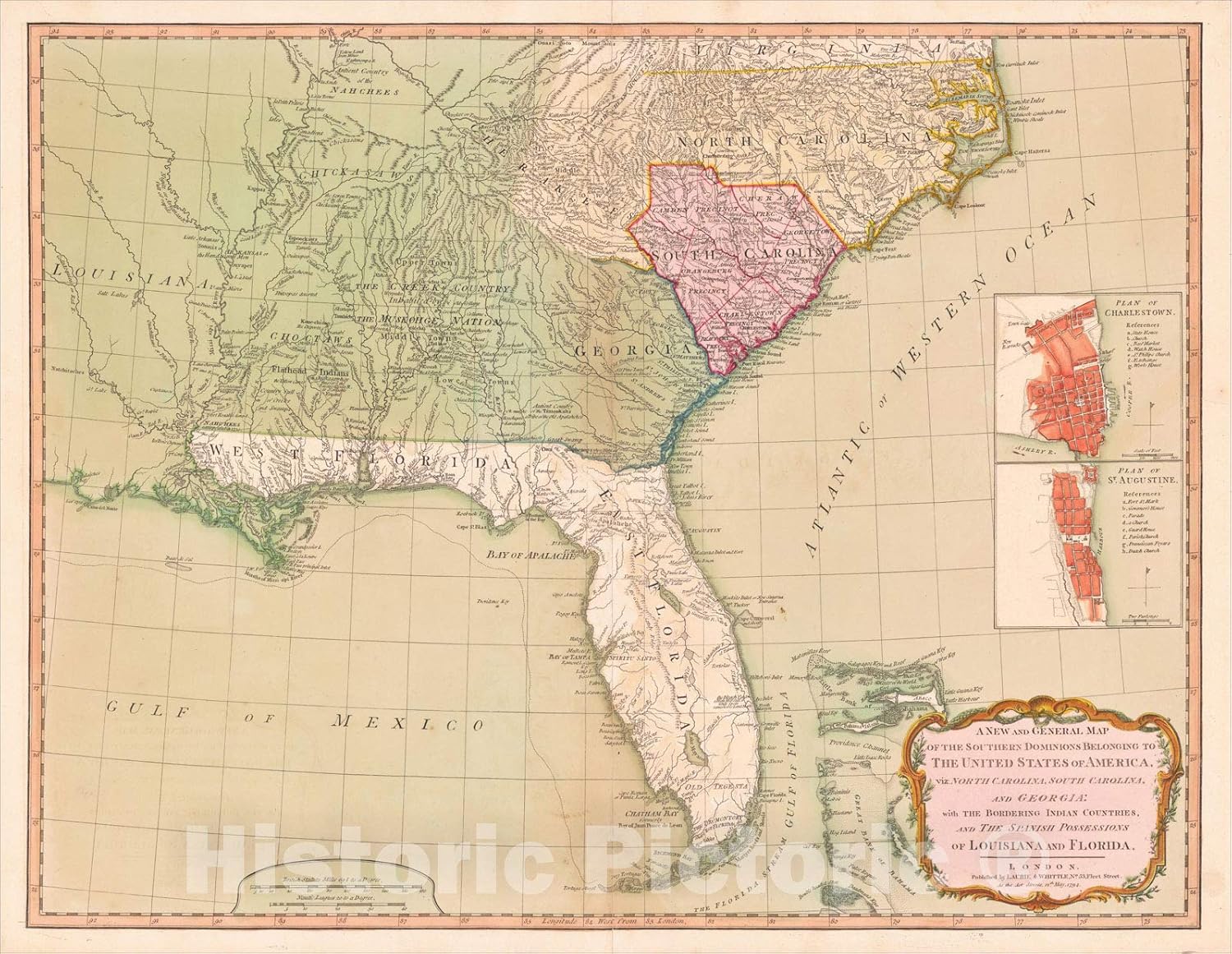 Historic Map : Southern Dominions Belonging to The United States of America, viz North Carolina, South Carolina, and Georgia:, 1794, Richard Holmes Laurie, Vintage Wall Art : 57in x 44in