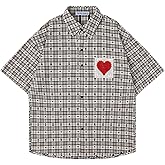 Aelfric Eden Cut-Out Heart Short Sleeve Shirt Collar Button Down Plaid Casual Tshirt Tops