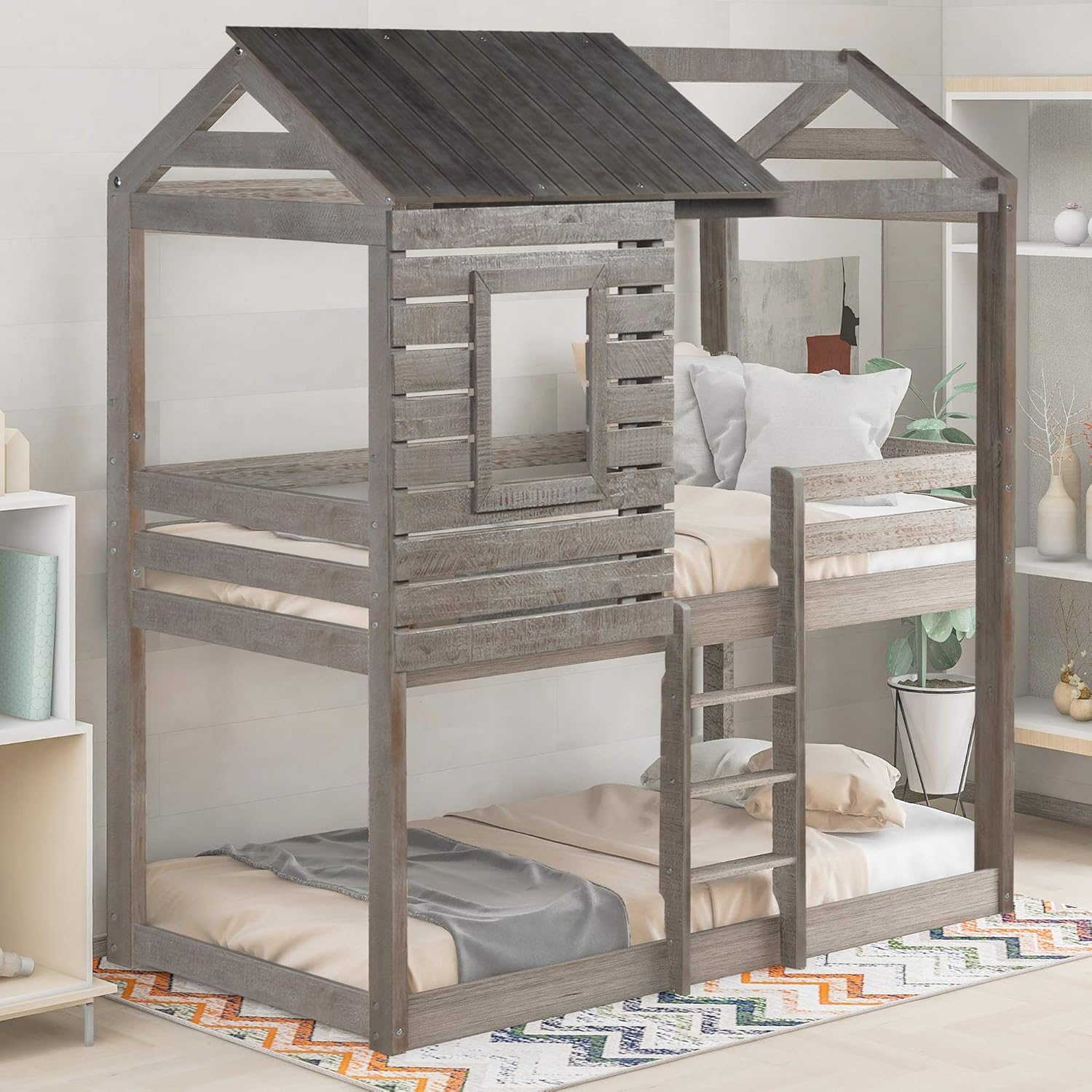 Twin Over Twin Bunk Bed With Roof And Window Wood House Bed Low Toddler Bunk Bed For Kids Children Can Be Decorated No Box Spring Required Easy Assemble Gray 1 Amazon In Furniture Toddler Over Toddler Bunk Beds