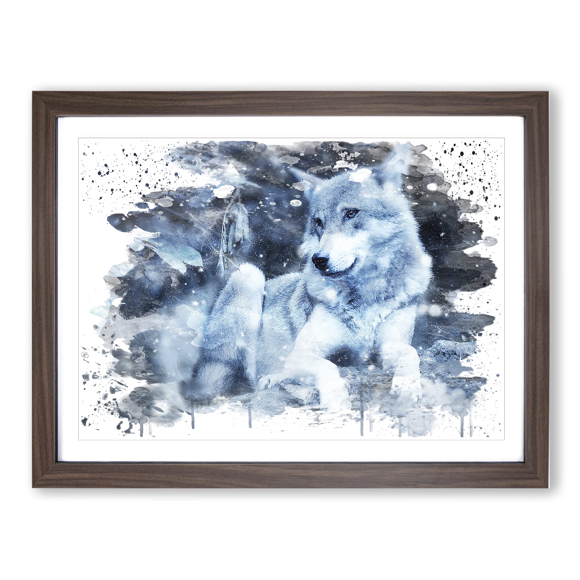 Winter Forest Wolf V3 Modern Framed Wall Art Print, Ready to Hang Picture for Living Room Bedroom Home Office Décor, Walnut A3 (46 x 34 cm)