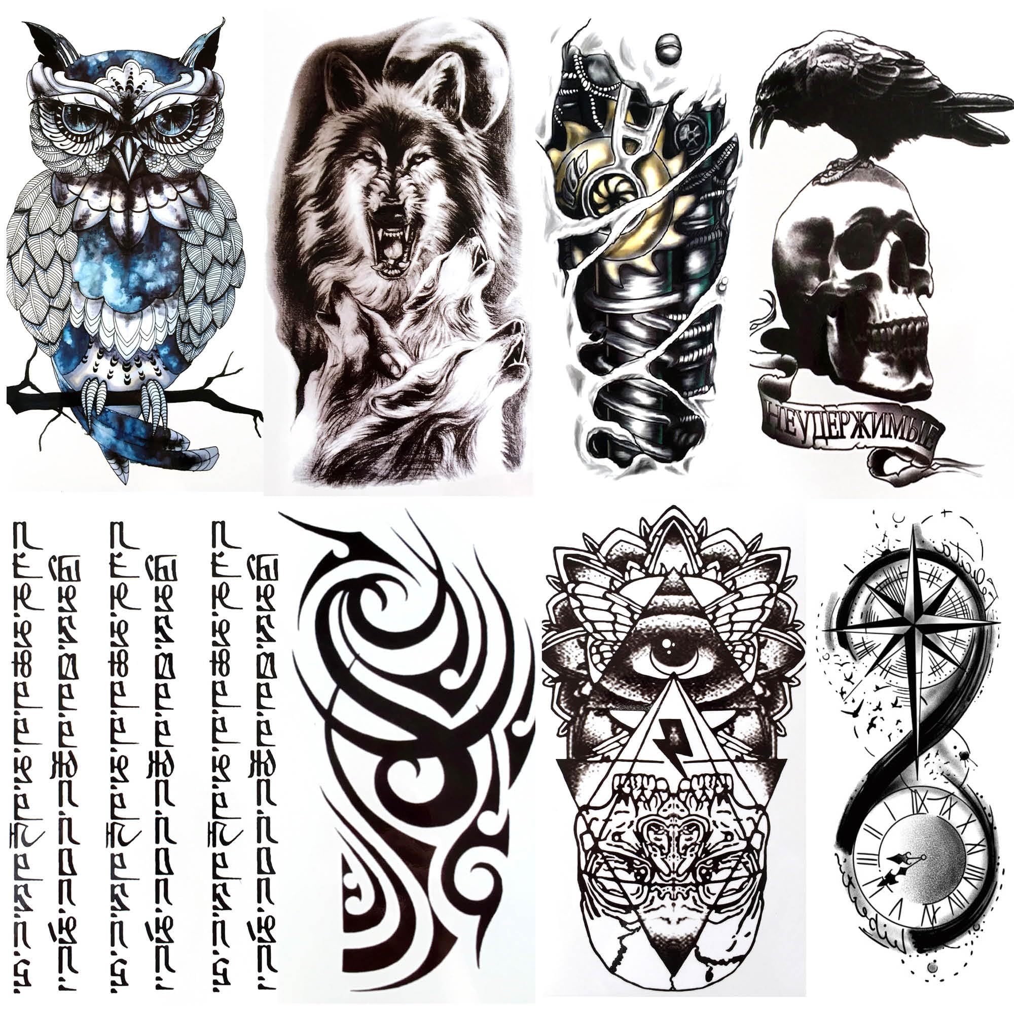 8 Sheets Temporary Transfer Tattoos Transfers For Guys Men Boys & Teens - Fake Stickers For Arms Shoulders Chest Back Legs Tribal Cyborg Skull Owl Wolf Tattoo For Halloween - Realistic Waterproof