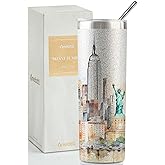 Onebttl New York City Skyline Gifts, NYC Gifts for NYC Lovers, Skyline Map 20oz Stainless Steel Tumblers with Lids and Straws, Perfect for Birthday & Christmas