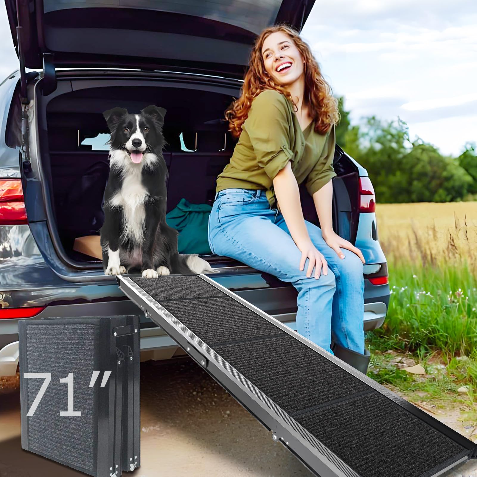 Photo 1 of RUBLELITIE Dog Ramp for Cars SUV Truck-17.3x71in Heavy Duty Foldable Wide Outdoor Pet Stairs with Non-Slip Surface Portable Folding Design for Large Dogs Up to 250lbs (71" L x 17.3" W)