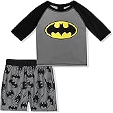 DC Comics Superman or Batman Boys Long Sleeve Tee and Bathing Suit Shorts Set for Toddler and Little Kids – Black/Red