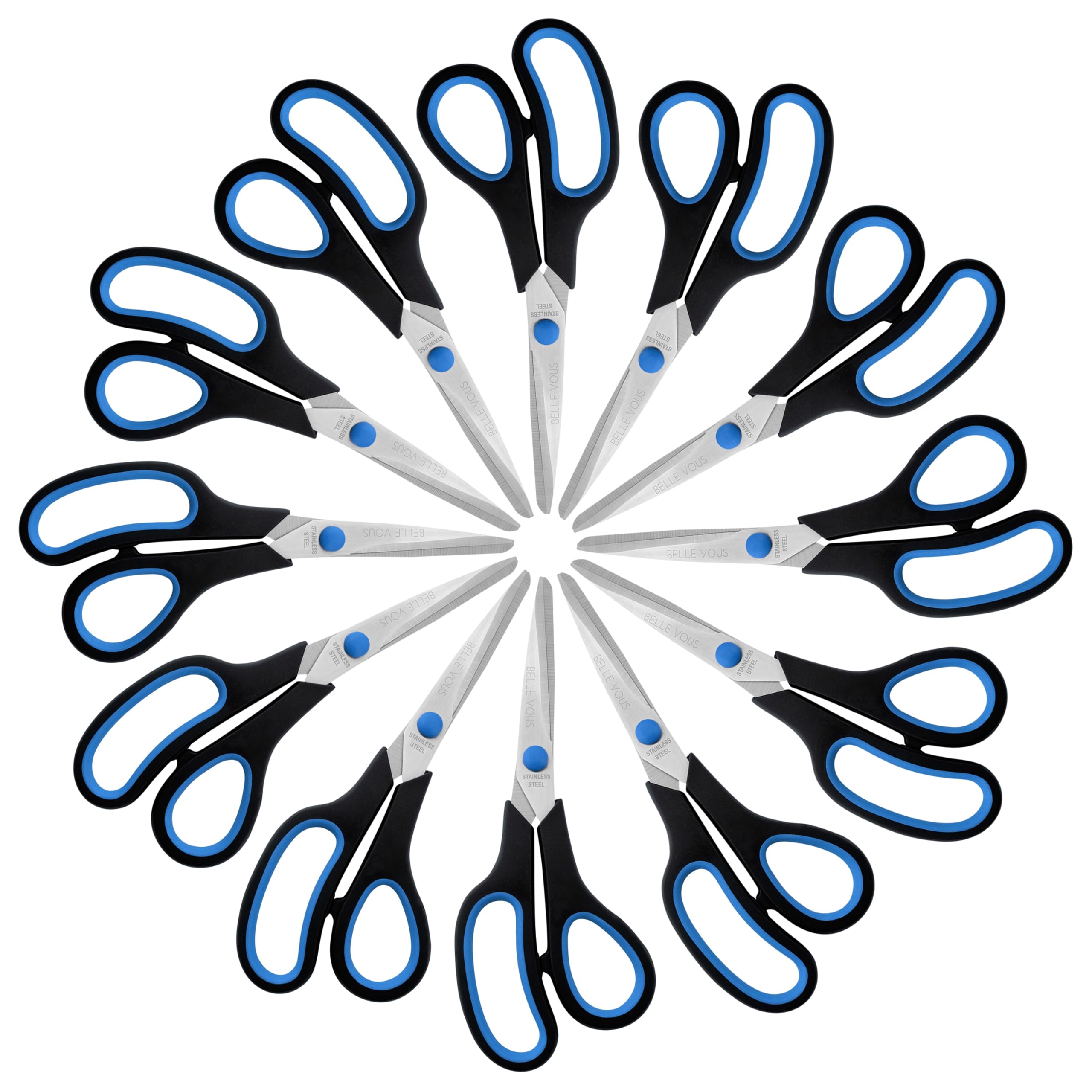 Belle Vous (12 Pack) Black & Blue Adult Scissors - Crafting/Stationery Scissors Multipack for Wrapping Paper - Sharp Heavy Duty Blades for Home/Office
