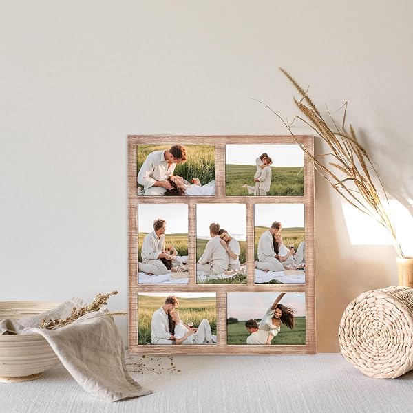 YESKAY 4X6 PICTURE FRAME COLLAGE FOR WALL DECOR, MULTIPLE PHOTO COLLAGE FRAMES WITH TEMPERED GLASS, 7-OPENING FOR 4 X 6 PICTURE FRAMES, RUSTIC BROWN, 1 PACK