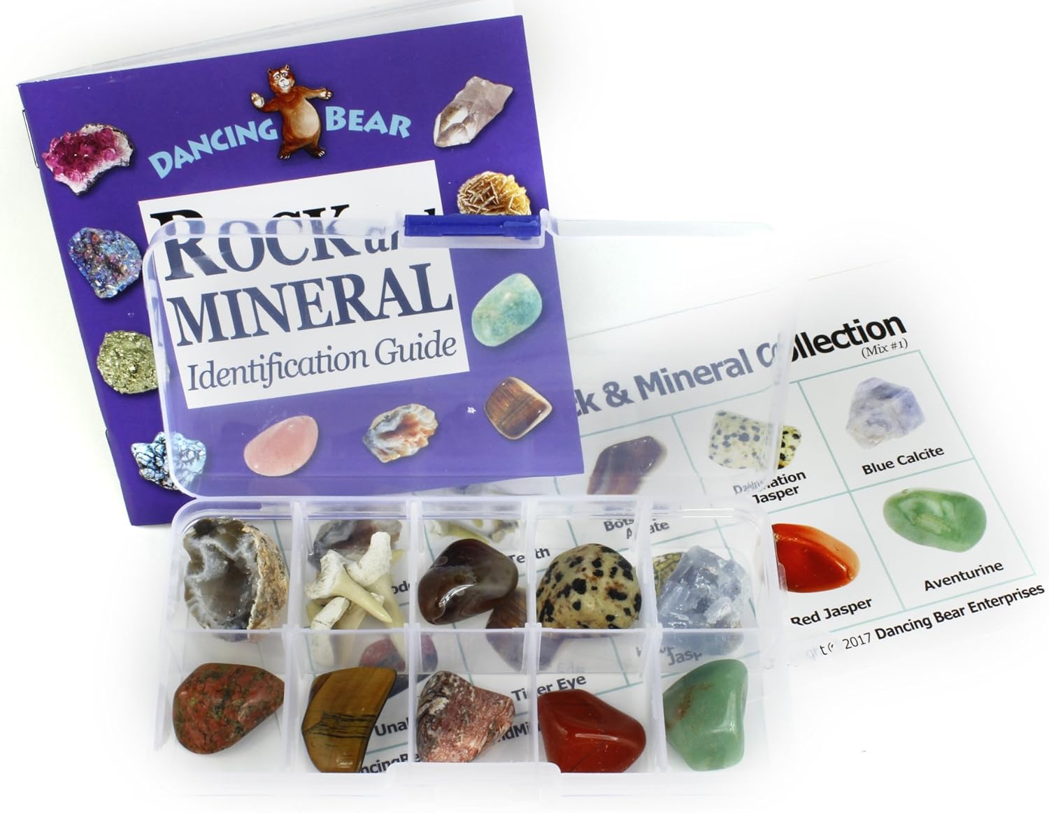 Rock and Mineral Collection 10 piece Mix #1, in Special Box with 27 page Rock Identification Book and Educational ID card, includes Shark Teeth, cut Geode, Red Tiger Eye and more!