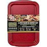 casaWare Ceramic Coated Non-Stick 2pc Bake & Cover Set Ultimate Commercial Weight, 15x10x3-inch Deep Lasagna/Roaster Pan and 14x9.5x3/4-inch Cookie Sheet/Baking Cover Pan with Handles (Red Granite)